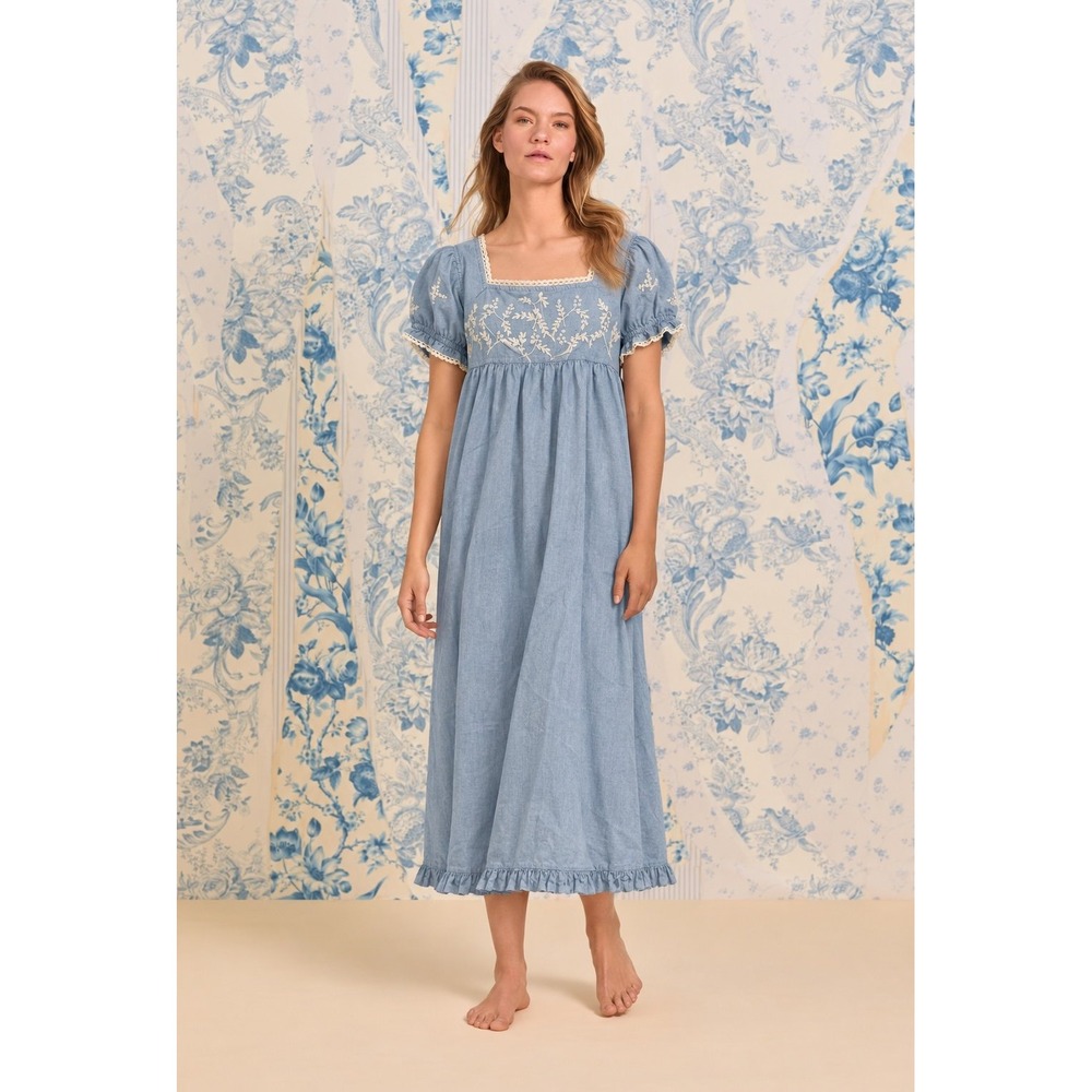 Gilligan & O'Malley Blue Cotton Embroidered Maxi Nightgown Cottagecore M